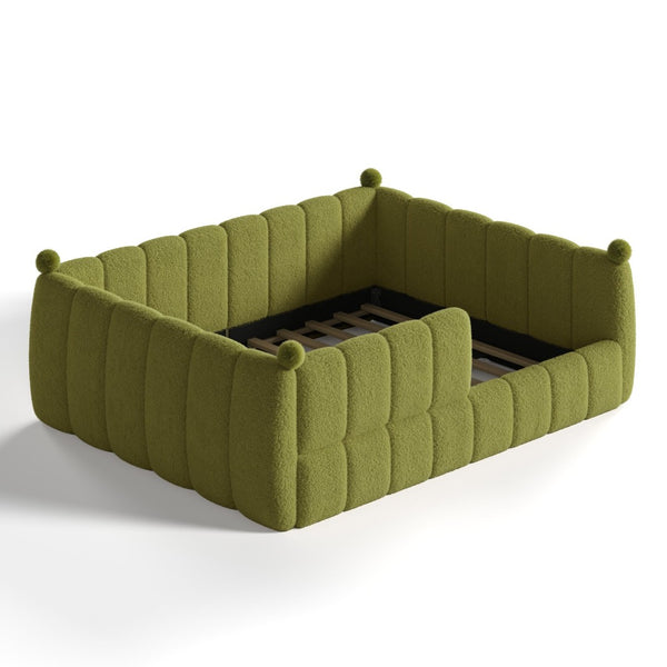 English Elm Queen Montessori Floor Bed Teddy Upholstered Low Profile Frame with Padded Safety Rails Green W5305S00089