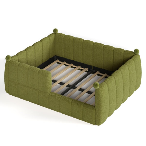 English Elm Queen Montessori Floor Bed Teddy Upholstered Low Profile Frame with Padded Safety Rails Green W5305S00089