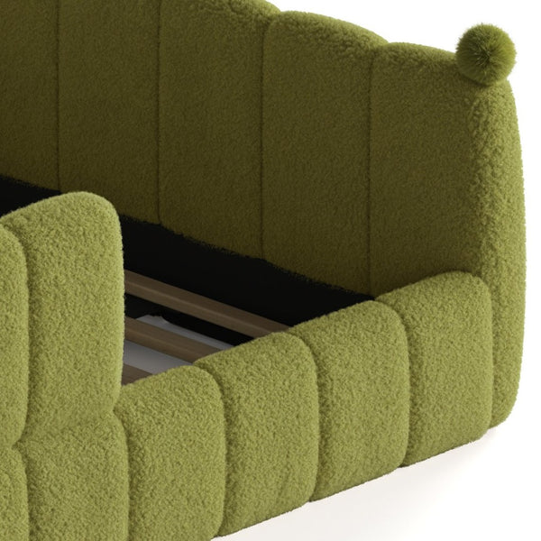 English Elm Queen Montessori Floor Bed Teddy Upholstered Low Profile Frame with Padded Safety Rails Green W5305S00089