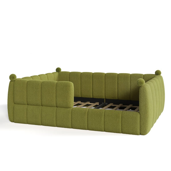 English Elm Queen Montessori Floor Bed Teddy Upholstered Low Profile Frame with Padded Safety Rails Green W5305S00089