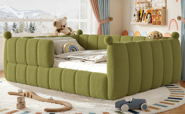 English Elm Queen Montessori Floor Bed Teddy Upholstered Low Profile Frame with Padded Safety Rails Green W5305S00089