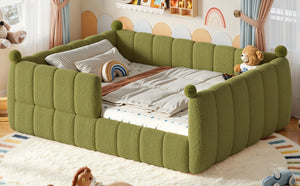 English Elm Queen Montessori Floor Bed Teddy Upholstered Low Profile Frame with Padded Safety Rails Green W5305S00089
