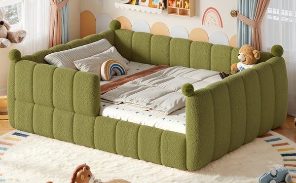 English Elm Queen Montessori Floor Bed Teddy Upholstered Low Profile Frame with Padded Safety Rails Green W5305S00089