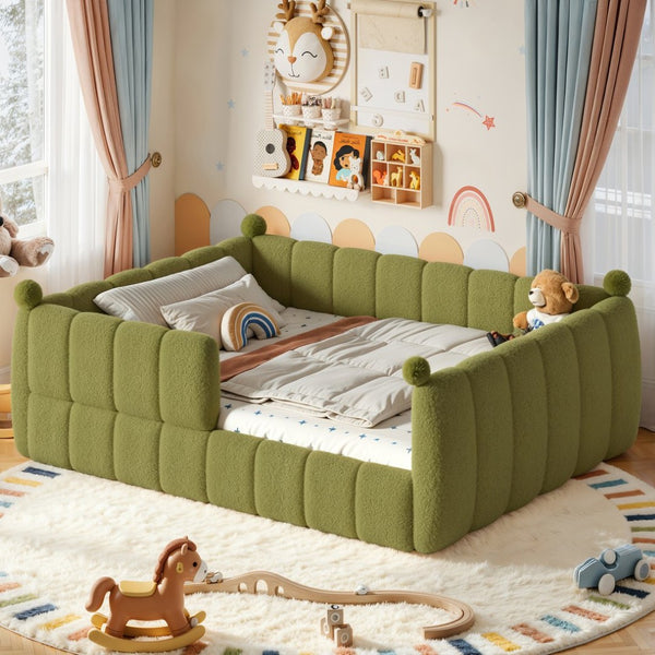 English Elm Queen Montessori Floor Bed Teddy Upholstered Low Profile Frame with Padded Safety Rails Green W5305S00089