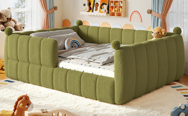 English Elm Queen Montessori Floor Bed Teddy Upholstered Low Profile Frame with Padded Safety Rails Green W5305S00089