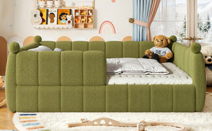 English Elm Queen Montessori Floor Bed Teddy Upholstered Low Profile Frame with Padded Safety Rails Green W5305S00089