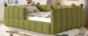 English Elm Queen Montessori Floor Bed Teddy Upholstered Low Profile Frame with Padded Safety Rails Green W5305S00089