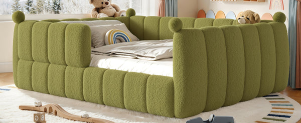 English Elm Queen Montessori Floor Bed Teddy Upholstered Low Profile Frame with Padded Safety Rails Green W5305S00089