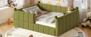 English Elm Queen Montessori Floor Bed Teddy Upholstered Low Profile Frame with Padded Safety Rails Green W5305S00089