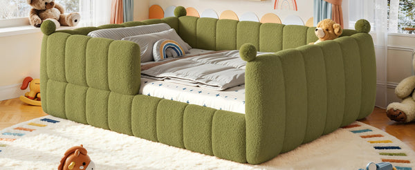 English Elm Queen Montessori Floor Bed Teddy Upholstered Low Profile Frame with Padded Safety Rails Green W5305S00089