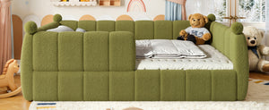 English Elm Queen Montessori Floor Bed Teddy Upholstered Low Profile Frame with Padded Safety Rails Green W5305S00089