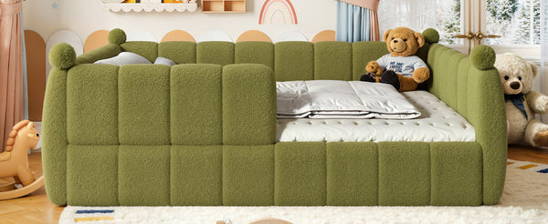 English Elm Queen Montessori Floor Bed Teddy Upholstered Low Profile Frame with Padded Safety Rails Green W5305S00089
