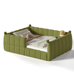 English Elm Queen Montessori Floor Bed Teddy Upholstered Low Profile Frame with Padded Safety Rails Green W5305S00089