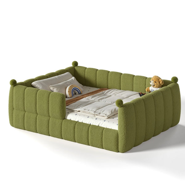 English Elm Queen Montessori Floor Bed Teddy Upholstered Low Profile Frame with Padded Safety Rails Green W5305S00089