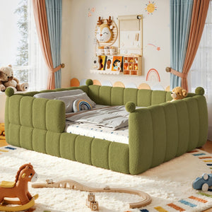 English Elm Queen Montessori Floor Bed Teddy Upholstered Low Profile Frame with Padded Safety Rails Green W5305S00089