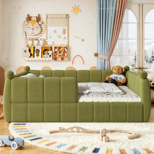English Elm Queen Montessori Floor Bed Teddy Upholstered Low Profile Frame with Padded Safety Rails Green W5305S00089