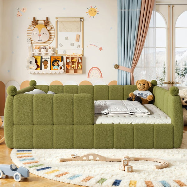 English Elm Queen Montessori Floor Bed Teddy Upholstered Low Profile Frame with Padded Safety Rails Green W5305S00089