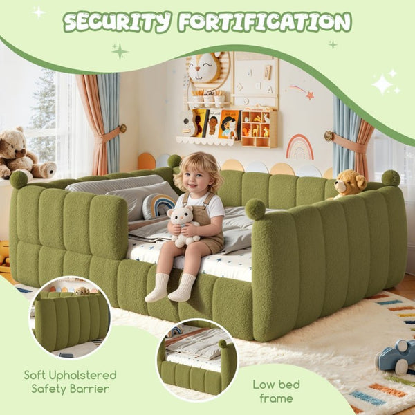 English Elm Queen Montessori Floor Bed Teddy Upholstered Low Profile Frame with Padded Safety Rails Green W5305S00089