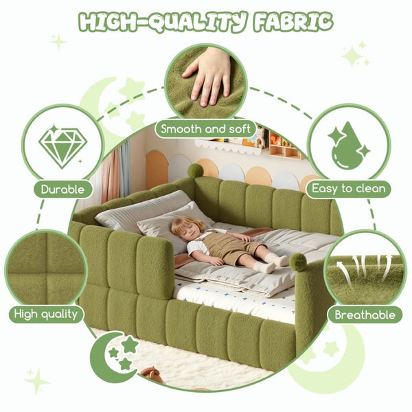 English Elm Queen Montessori Floor Bed Teddy Upholstered Low Profile Frame with Padded Safety Rails Green W5305S00089