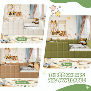 English Elm Queen Montessori Floor Bed Teddy Upholstered Low Profile Frame with Padded Safety Rails Green W5305S00089