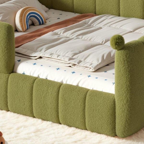 English Elm Queen Montessori Floor Bed Teddy Upholstered Low Profile Frame with Padded Safety Rails Green W5305S00089