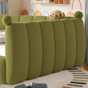 English Elm Queen Montessori Floor Bed Teddy Upholstered Low Profile Frame with Padded Safety Rails Green W5305S00089