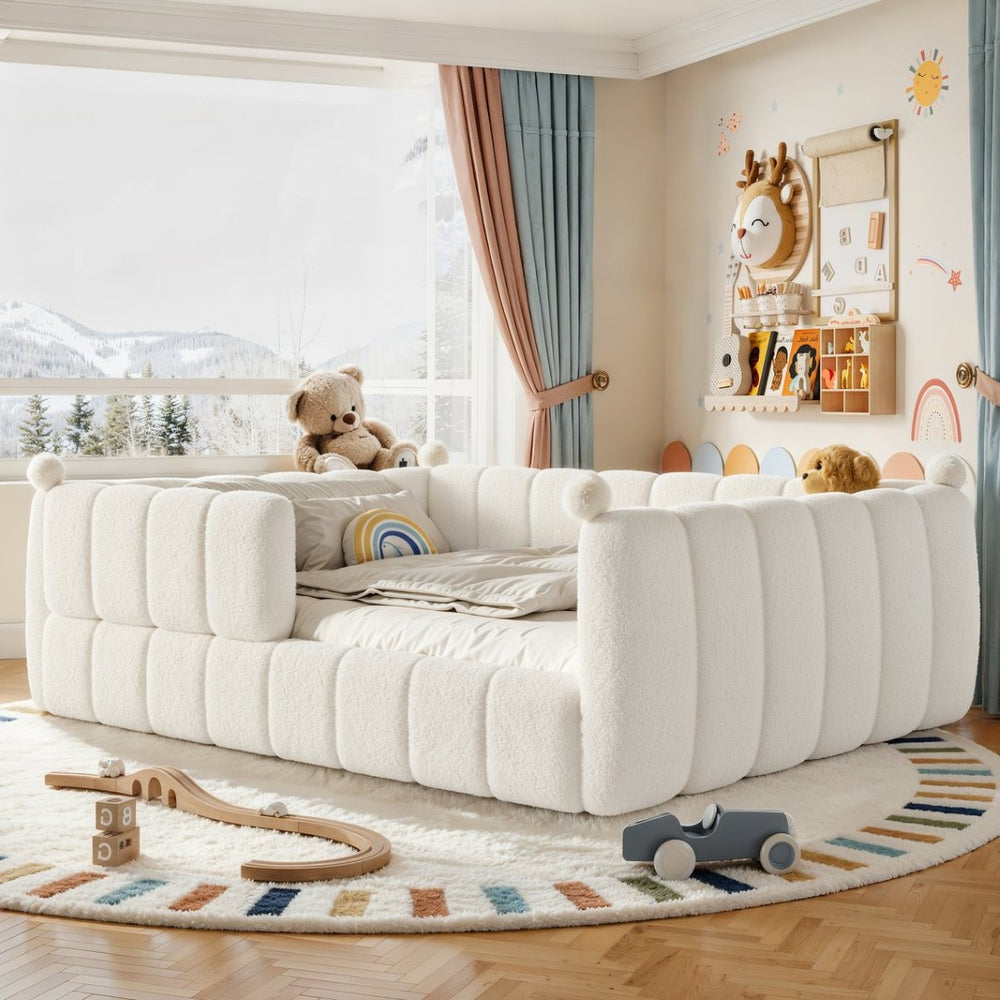 English Elm Queen Montessori Floor Bed Teddy Upholstered Low Profile Frame with Padded Safety Rails Beige W5305S00090