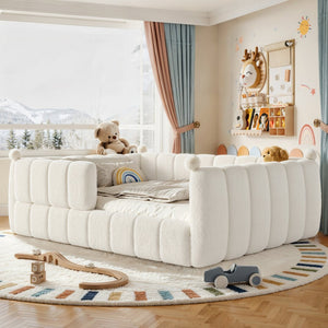 English Elm Queen Montessori Floor Bed Teddy Upholstered Low Profile Frame with Padded Safety Rails Beige W5305S00090