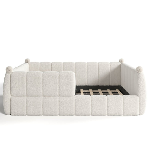 English Elm Queen Montessori Floor Bed Teddy Upholstered Low Profile Frame with Padded Safety Rails Beige W5305S00090