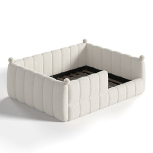 English Elm Queen Montessori Floor Bed Teddy Upholstered Low Profile Frame with Padded Safety Rails Beige W5305S00090