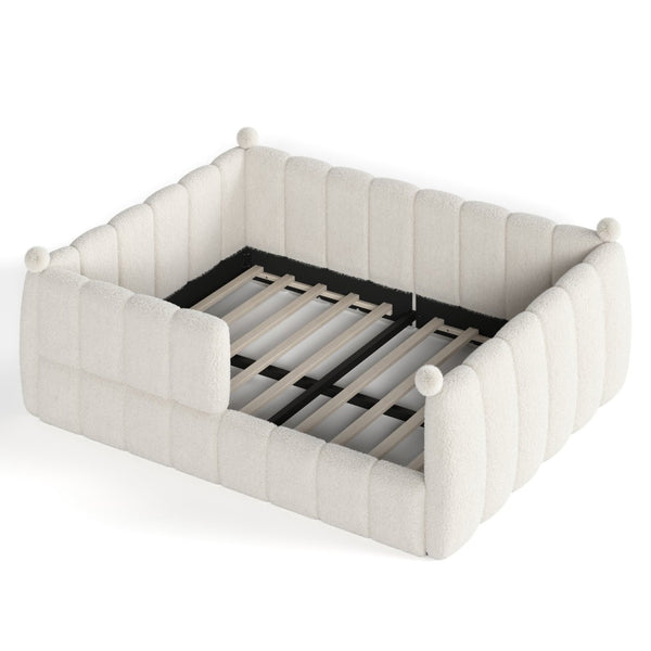 English Elm Queen Montessori Floor Bed Teddy Upholstered Low Profile Frame with Padded Safety Rails Beige W5305S00090