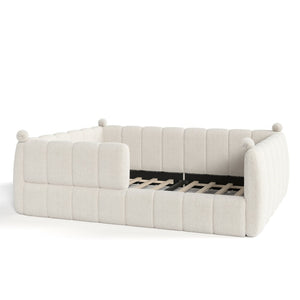 English Elm Queen Montessori Floor Bed Teddy Upholstered Low Profile Frame with Padded Safety Rails Beige W5305S00090