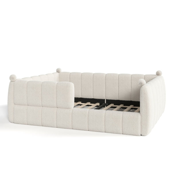 English Elm Queen Montessori Floor Bed Teddy Upholstered Low Profile Frame with Padded Safety Rails Beige W5305S00090
