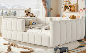 English Elm Queen Montessori Floor Bed Teddy Upholstered Low Profile Frame with Padded Safety Rails Beige W5305S00090