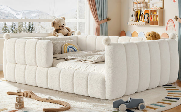 English Elm Queen Montessori Floor Bed Teddy Upholstered Low Profile Frame with Padded Safety Rails Beige W5305S00090