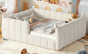 English Elm Queen Montessori Floor Bed Teddy Upholstered Low Profile Frame with Padded Safety Rails Beige W5305S00090