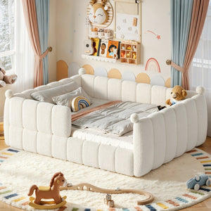 English Elm Queen Montessori Floor Bed Teddy Upholstered Low Profile Frame with Padded Safety Rails Beige W5305S00090