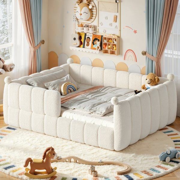 English Elm Queen Montessori Floor Bed Teddy Upholstered Low Profile Frame with Padded Safety Rails Beige W5305S00090