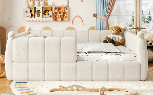 English Elm Queen Montessori Floor Bed Teddy Upholstered Low Profile Frame with Padded Safety Rails Beige W5305S00090