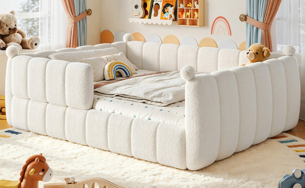 English Elm Queen Montessori Floor Bed Teddy Upholstered Low Profile Frame with Padded Safety Rails Beige W5305S00090
