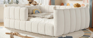 English Elm Queen Montessori Floor Bed Teddy Upholstered Low Profile Frame with Padded Safety Rails Beige W5305S00090
