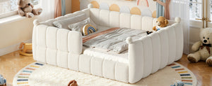 English Elm Queen Montessori Floor Bed Teddy Upholstered Low Profile Frame with Padded Safety Rails Beige W5305S00090
