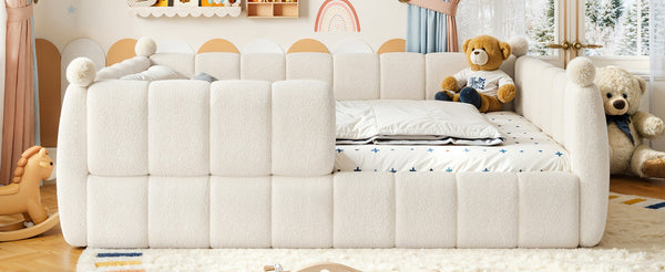 English Elm Queen Montessori Floor Bed Teddy Upholstered Low Profile Frame with Padded Safety Rails Beige W5305S00090
