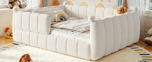 English Elm Queen Montessori Floor Bed Teddy Upholstered Low Profile Frame with Padded Safety Rails Beige W5305S00090