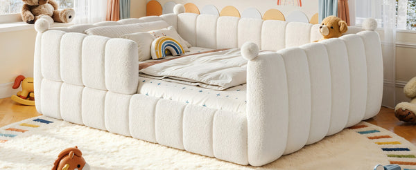 English Elm Queen Montessori Floor Bed Teddy Upholstered Low Profile Frame with Padded Safety Rails Beige W5305S00090