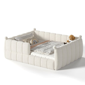 English Elm Queen Montessori Floor Bed Teddy Upholstered Low Profile Frame with Padded Safety Rails Beige W5305S00090