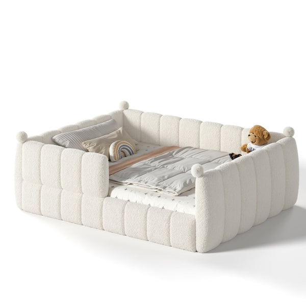 English Elm Queen Montessori Floor Bed Teddy Upholstered Low Profile Frame with Padded Safety Rails Beige W5305S00090