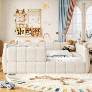 English Elm Queen Montessori Floor Bed Teddy Upholstered Low Profile Frame with Padded Safety Rails Beige W5305S00090