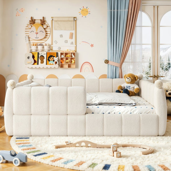 English Elm Queen Montessori Floor Bed Teddy Upholstered Low Profile Frame with Padded Safety Rails Beige W5305S00090
