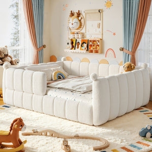 English Elm Queen Montessori Floor Bed Teddy Upholstered Low Profile Frame with Padded Safety Rails Beige W5305S00090